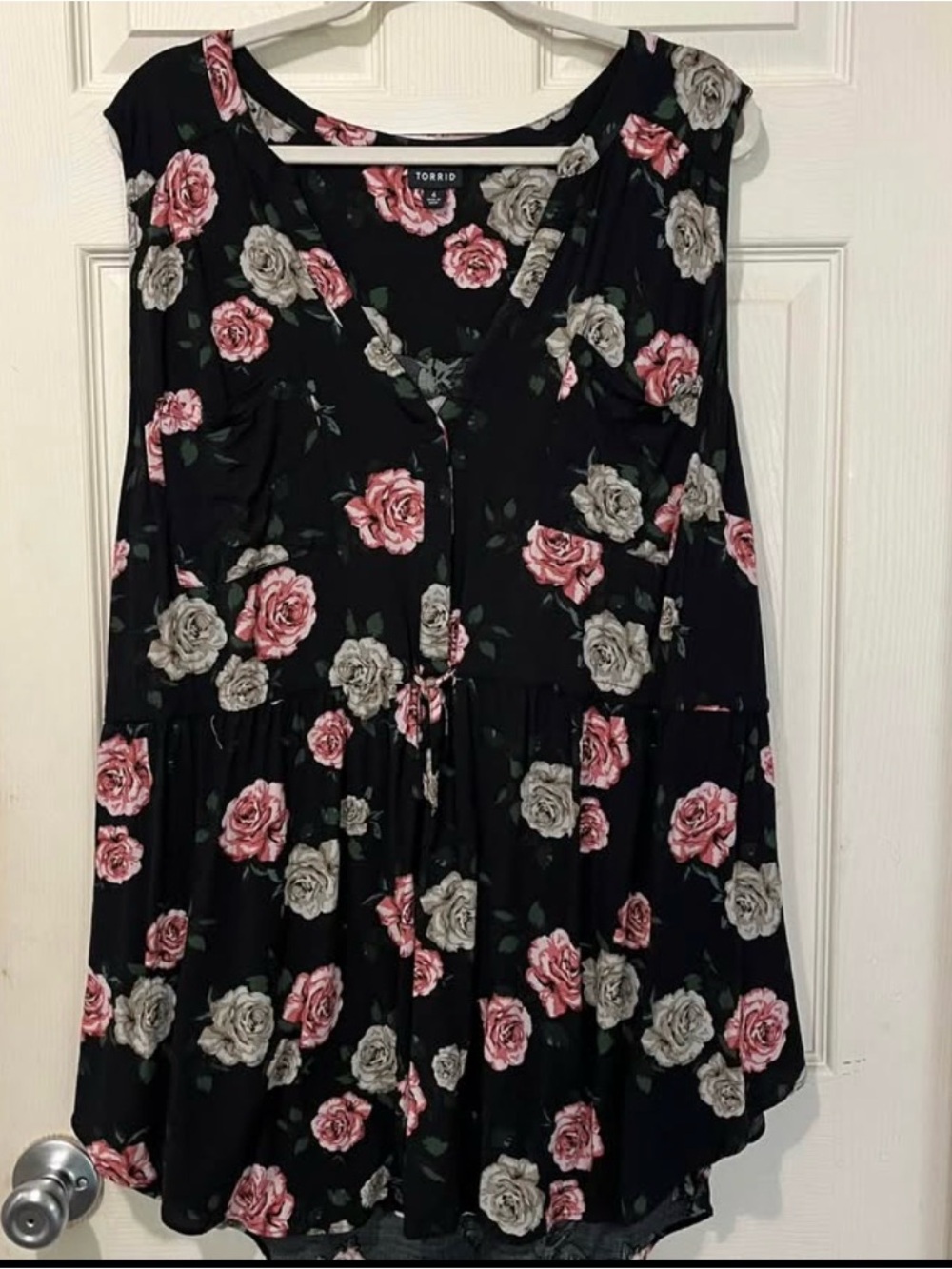 Torrid Black Floral Button-Front Top with Pink Roses